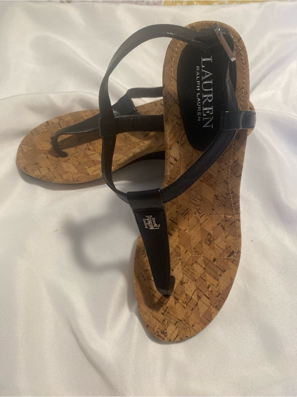 Lauren Ralph Lauren Black Cork T-Strap Toe-Post Sandals